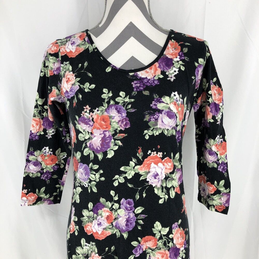Decree Black Floral 3/4 Sleeve Blouse Long Top Shirt Large